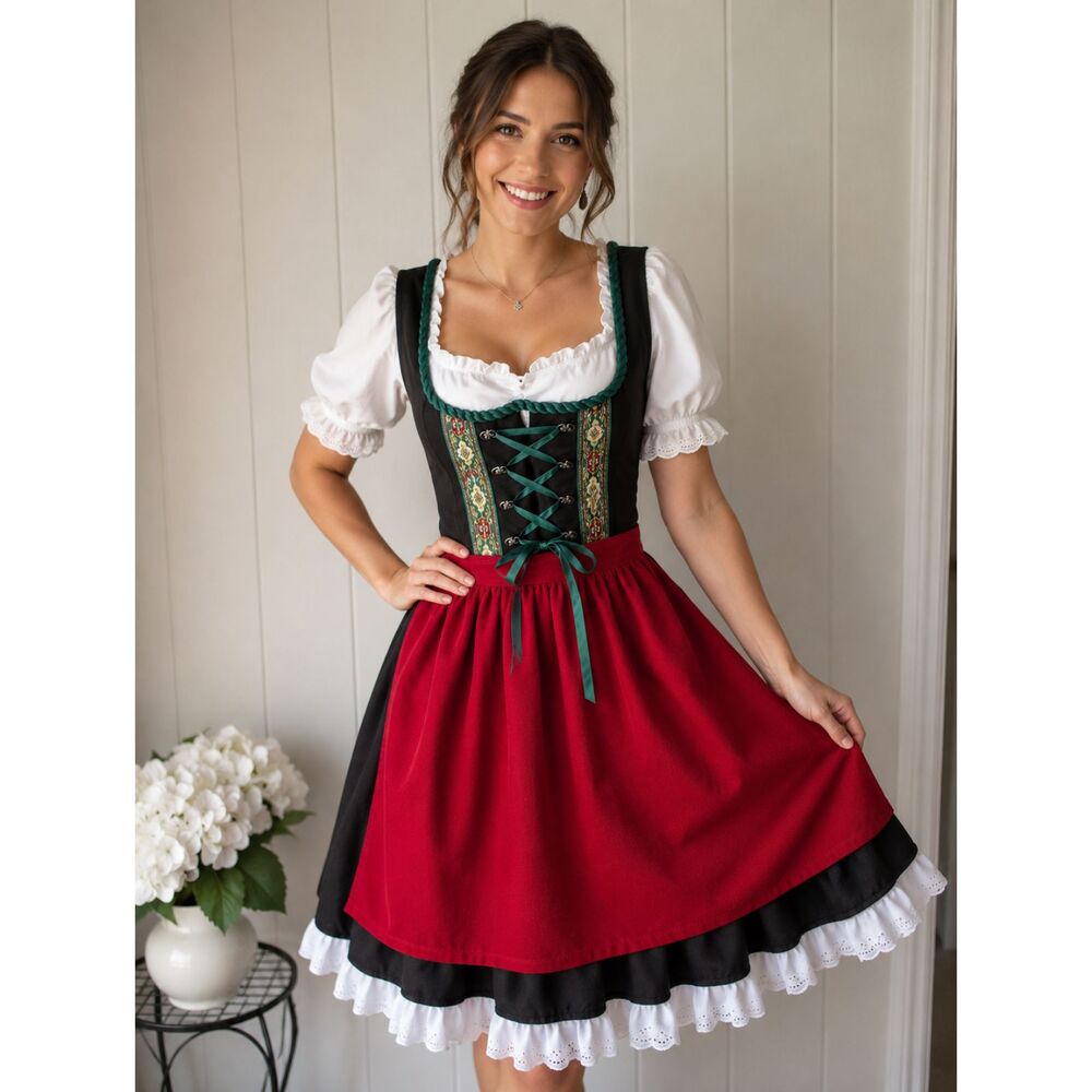 Oktoberfest Traditional Dirndl Dress with Red Apron Crinoline and Green Trim Lg